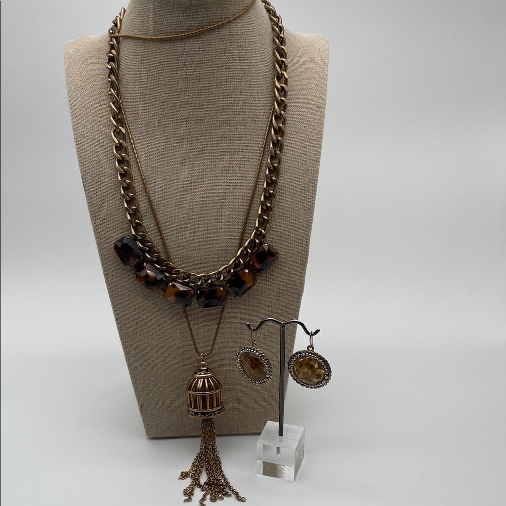 Chico's Gold and Brown Birdcage Necklace Earring Jewelry Bundle